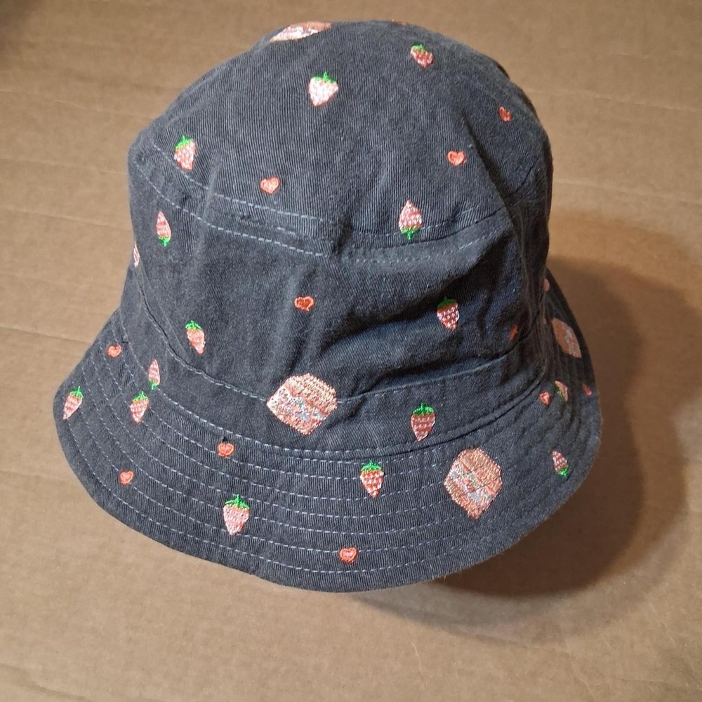 Womens Black cotton bucket hat with embroidered strawberries and milk